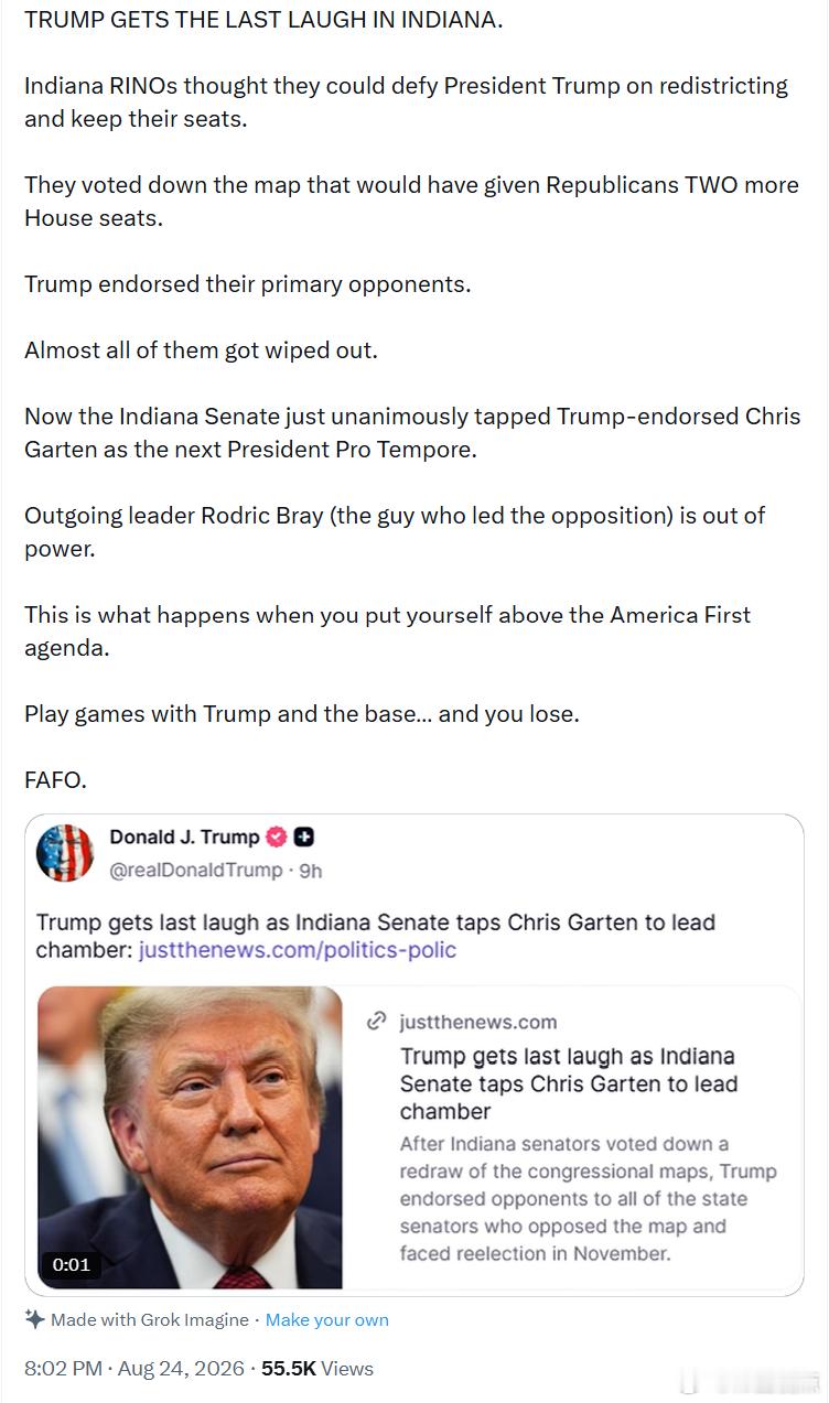 特朗普在印第安纳州笑到了最后。印第安纳州的共和党内RINO以为，他们可以在重新划
