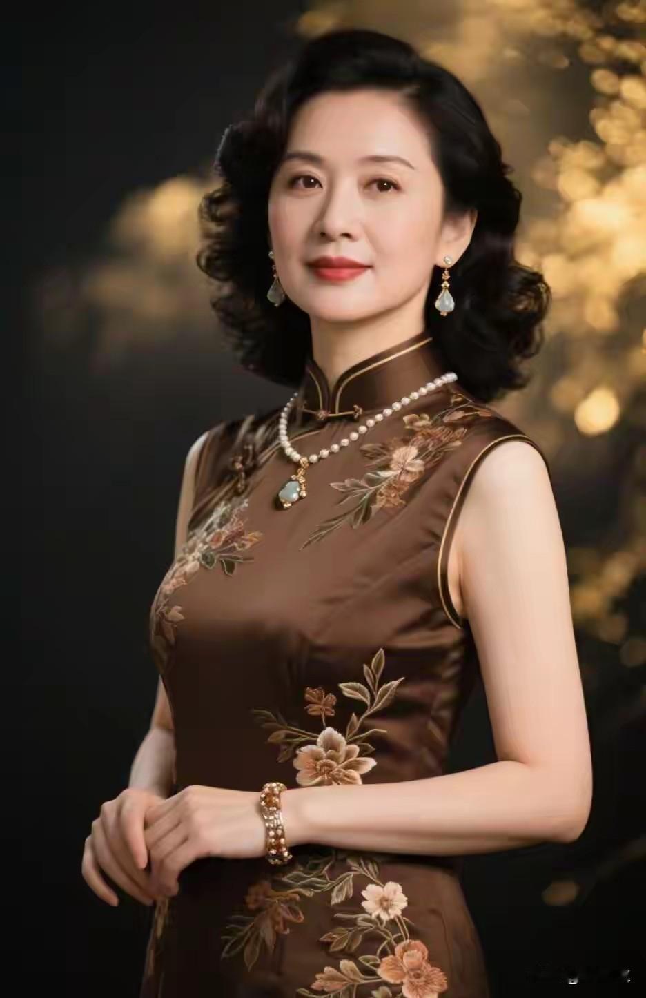 棕色旗袍，中年美女千娇百媚，仪态万方绰约多姿，国色天香花容月貌，秀外慧中