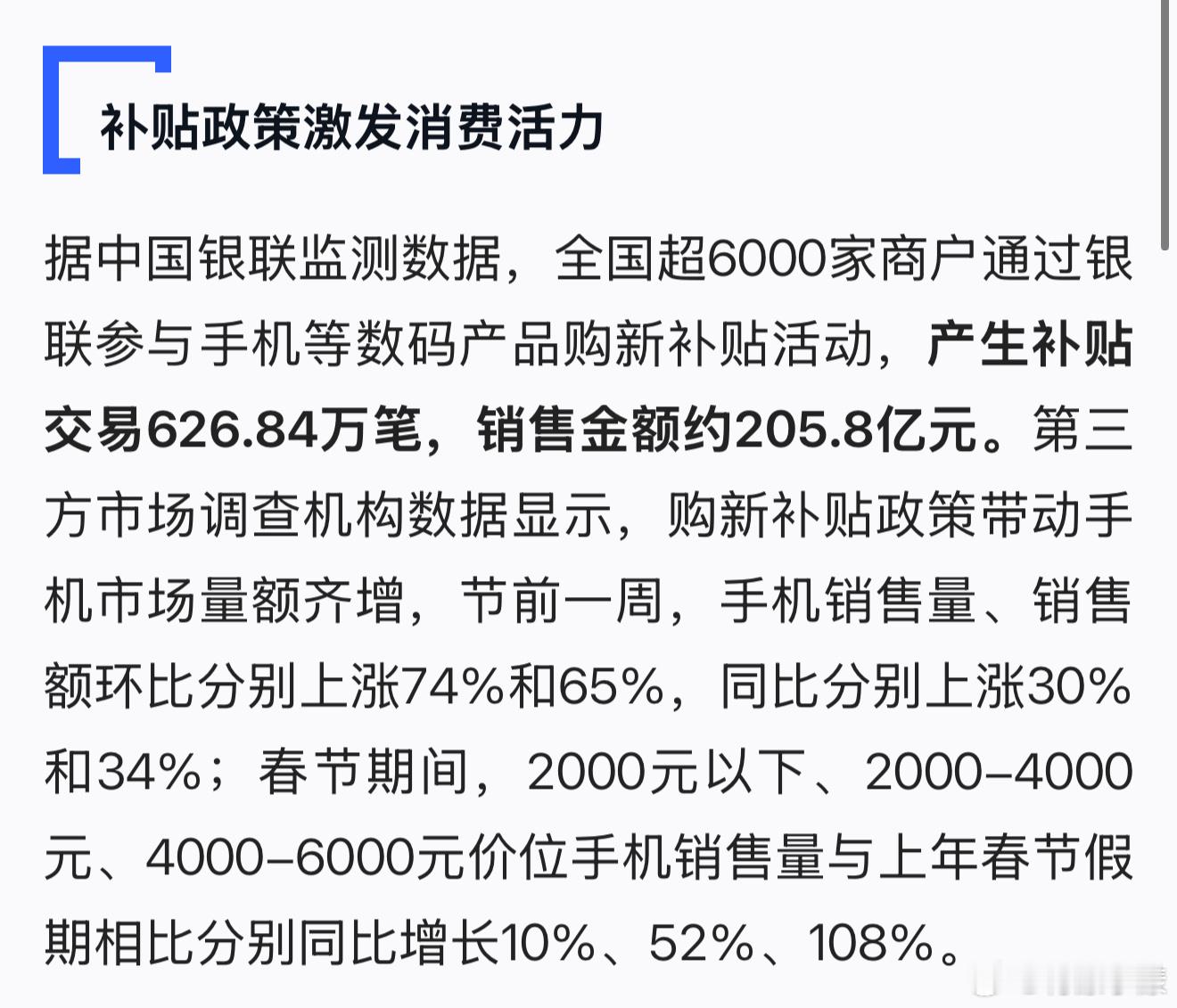 超2000万人申请国补买手机等许多人买手机本身就预算有限，国补之后，确实能刺激