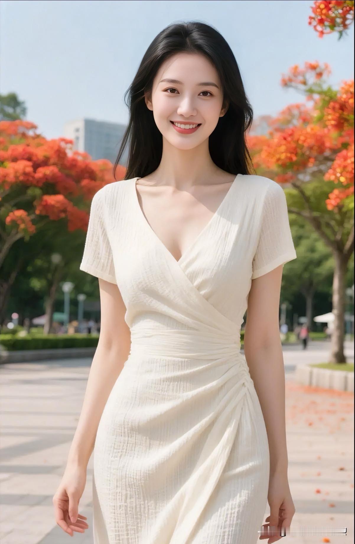 如火繁花映晴空，她踏光而来。一袭素白裙裾轻舞，笑靥如春风拂面。在斑斓的画卷里，她