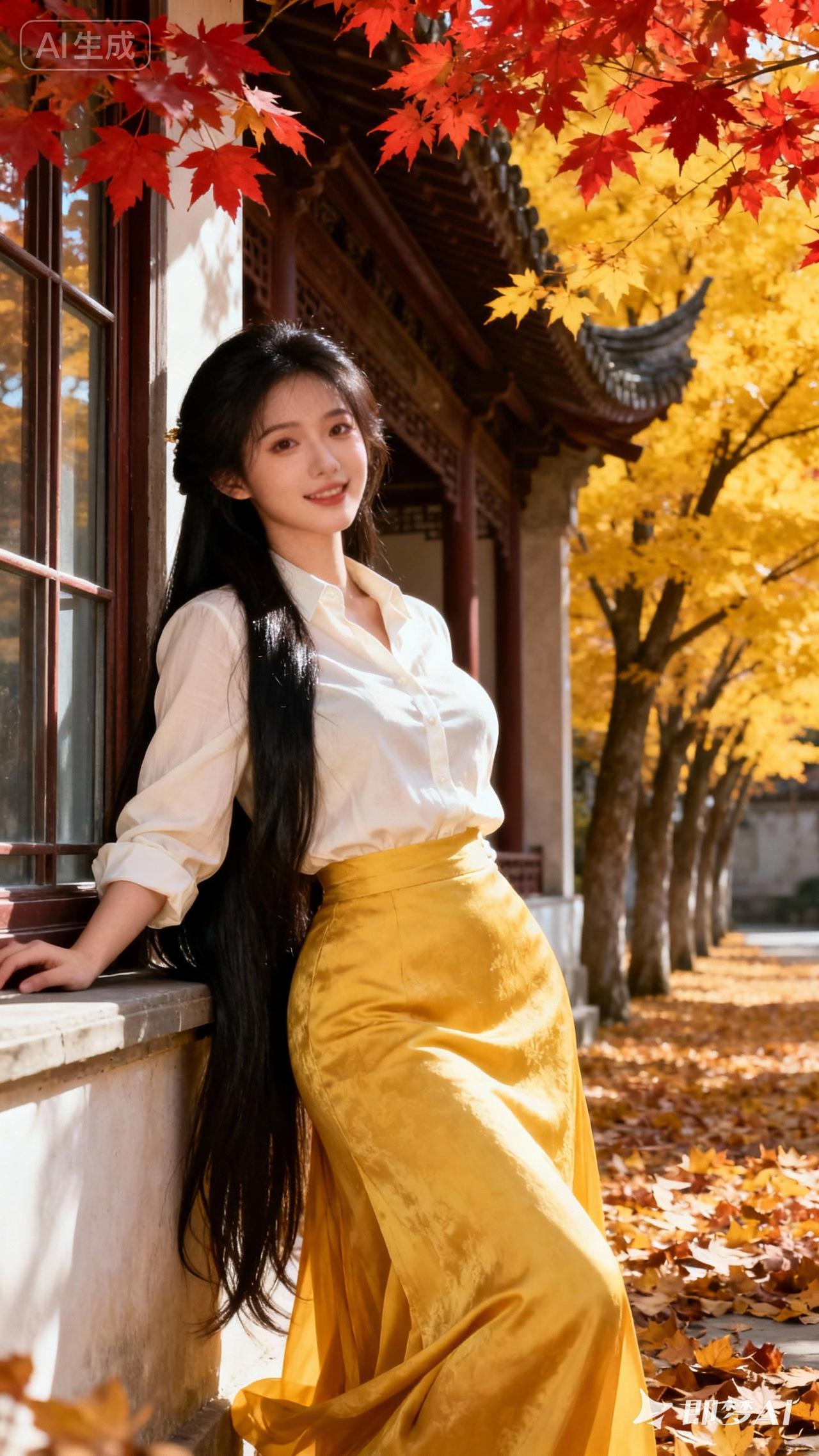 秋叶红黄间，美人倚窗立。