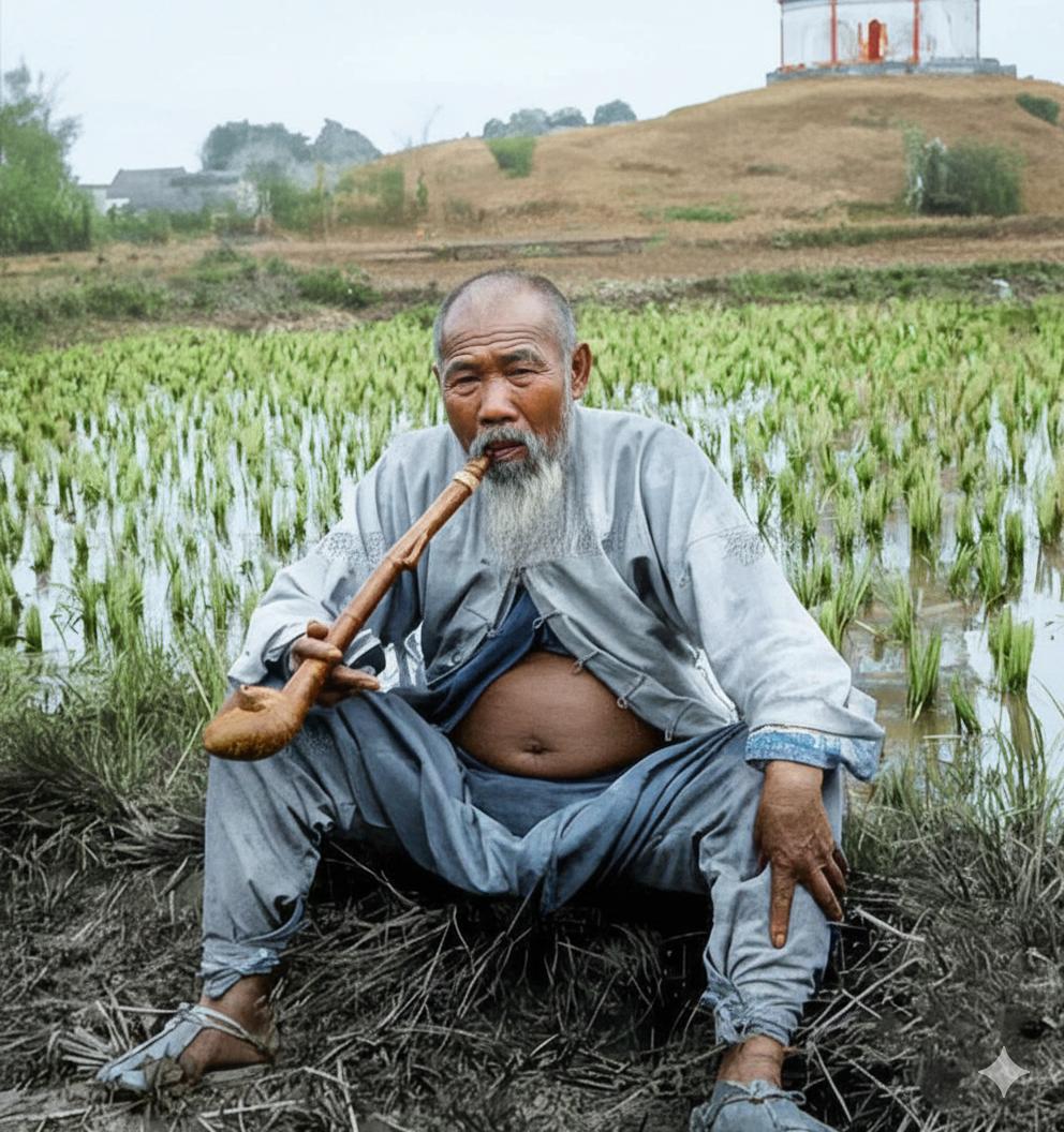 这是一张拍摄于约1900年的老照片，记录的是一位在广州郊外稻田边歇息的老农，老人