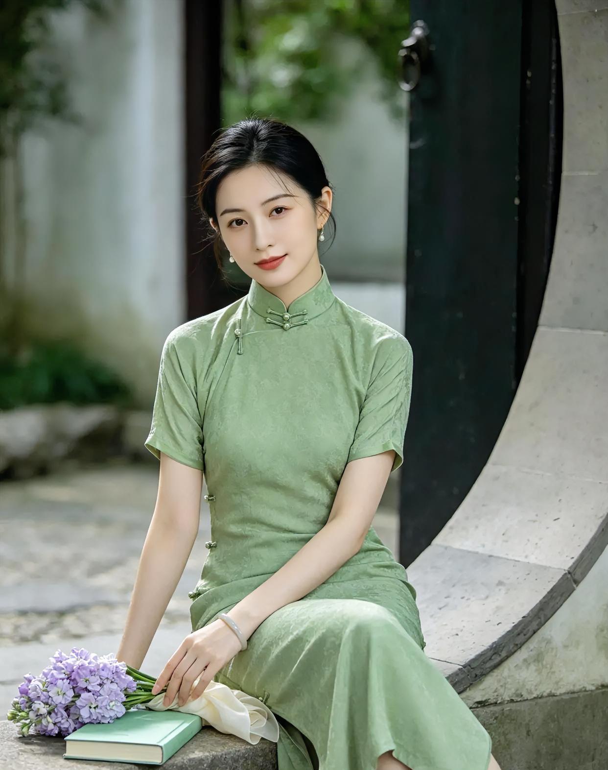 《月洞门前的绿意书》浅绿旗袍，晕染江南的春，盘扣轻系，岁月温润如玉。