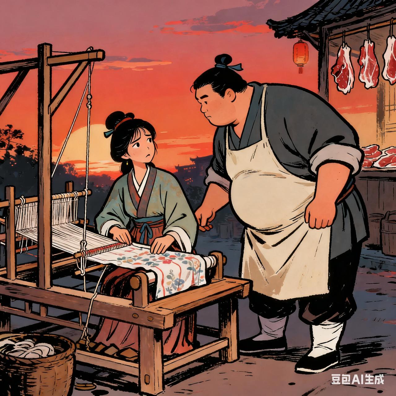 古代夫妻搞笑段子傍晚，屠户收摊回家，见妻子对着布料发愁，凑过去问：“新衣裳不