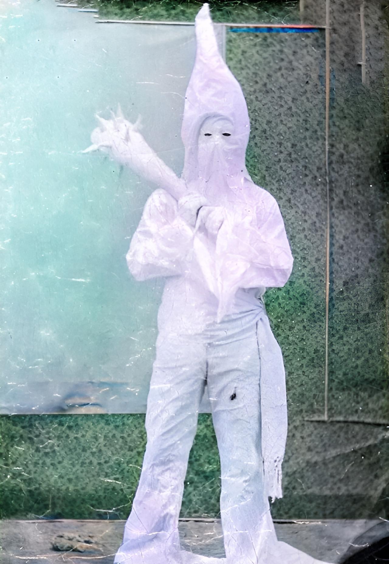 这是1870年代拍摄的一张已知最早的三k党成员的照片。照片中的这名成员身穿全白的