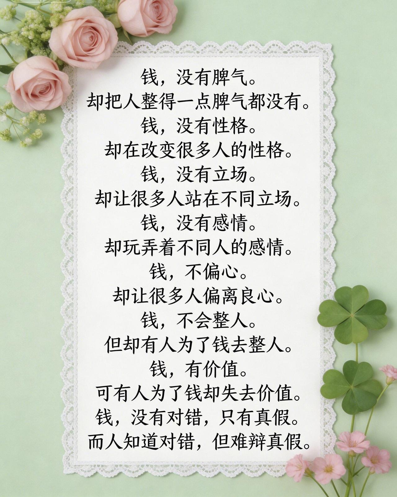 这句话有现实的一面，但不能当成真理，得分两层看：一、为什么很多人会觉得“钱