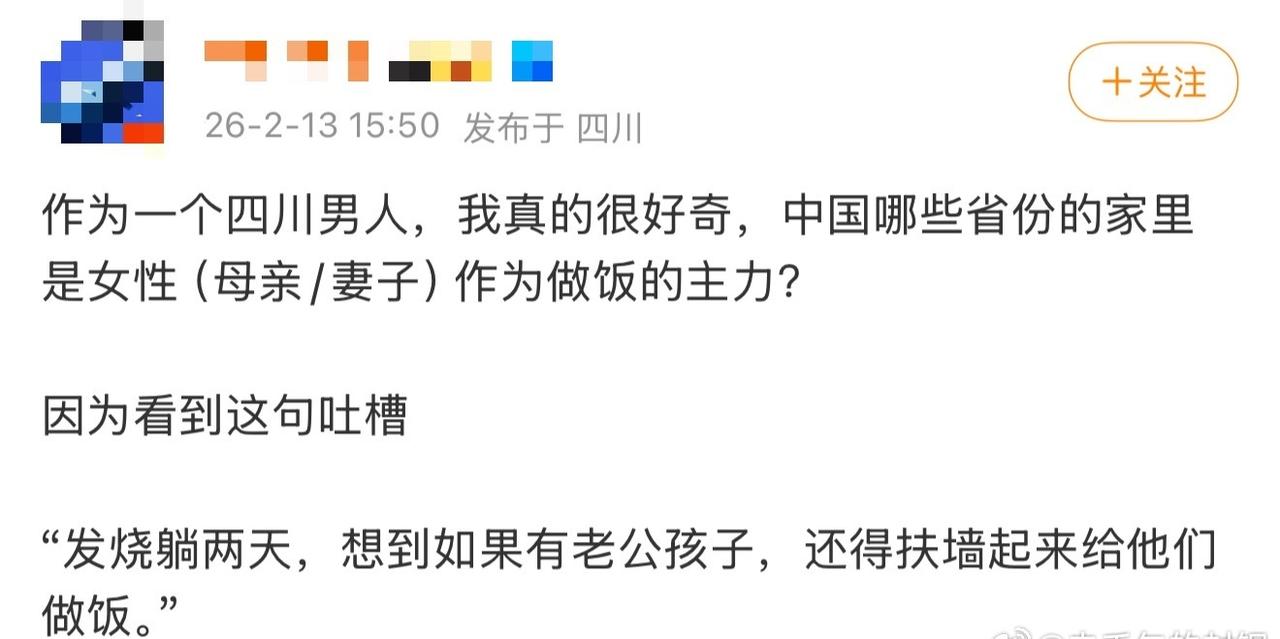 P1博主好奇发问，哪些省份的女性是烧饭主力？因为他不信有女的怀孕or生病，伴侣不
