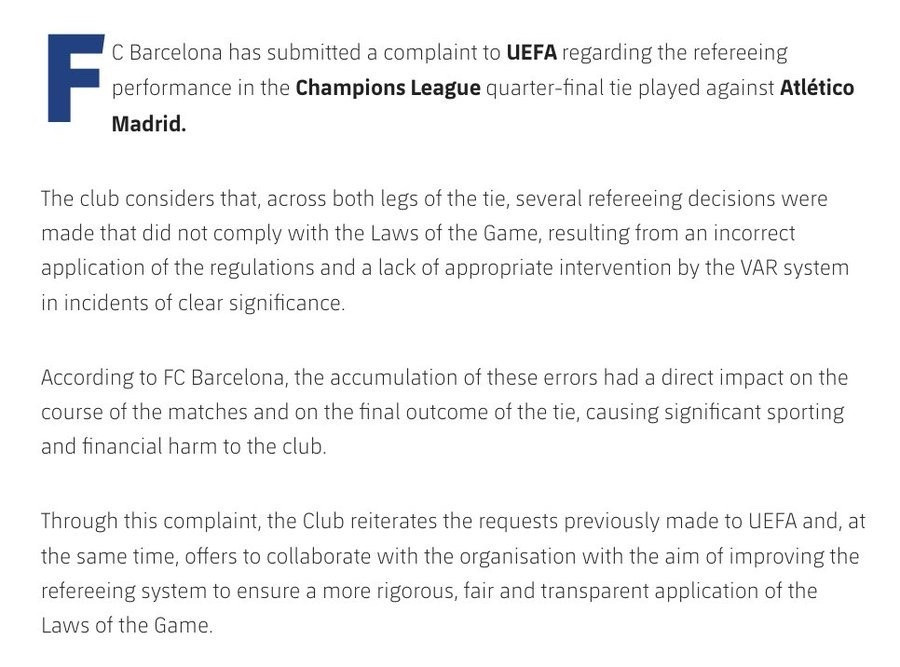 官方：巴塞罗那就马德里竞技比赛中裁判表现向欧足联提交投诉。俱乐部认为，在两回合比