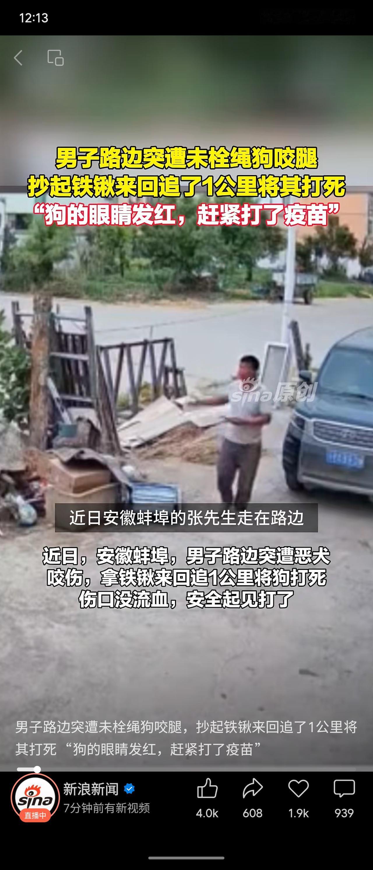 安徽蚌埠一男子路边被未栓绳恶犬咬腿，抄铁锹追打1公里将狗打死，并称“狗眼发红”后