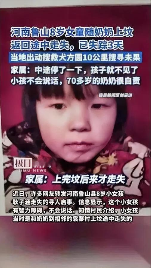 8岁女孩上坟后失踪！搜救犬追到家门口却…？河南鲁山8岁女孩耿子涵，跟着奶