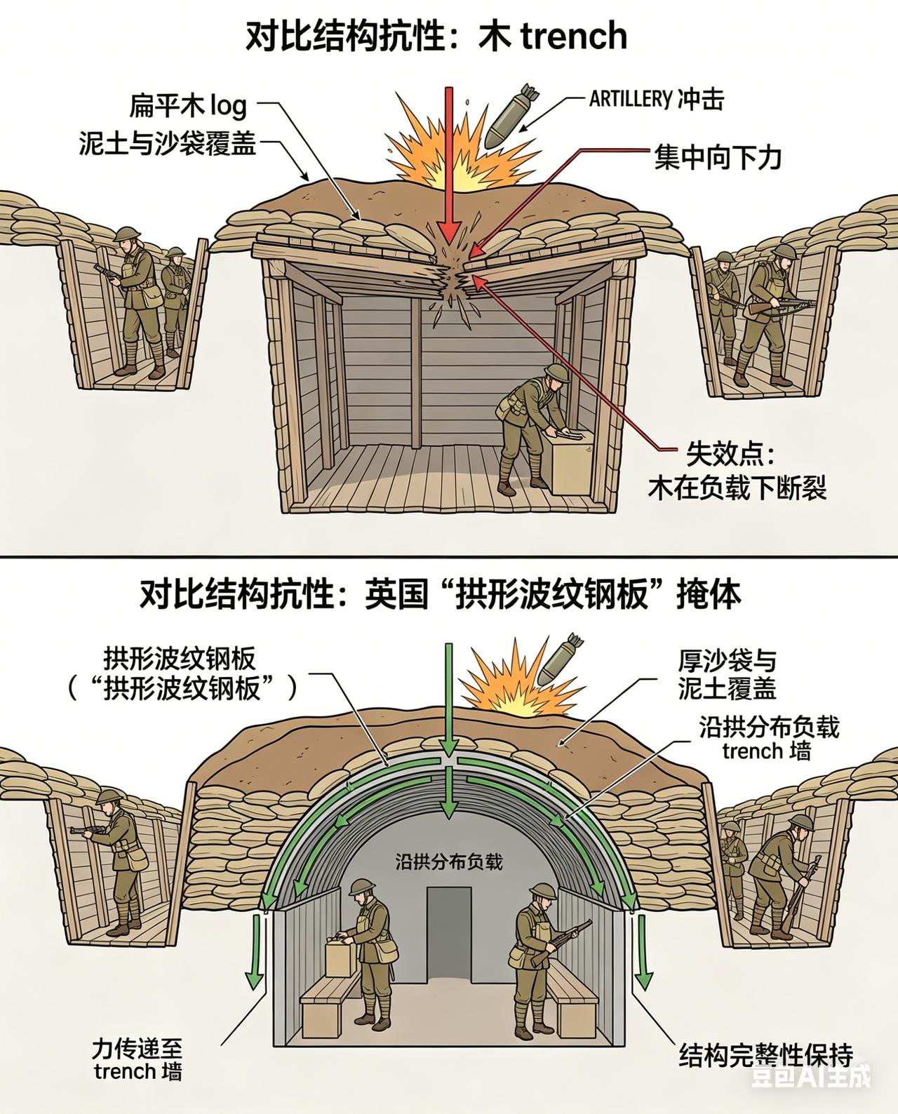 一张图看懂一战战壕防护的核心智慧：普通木顶战壕，和英国“拱形波纹钢板”掩蔽所，在