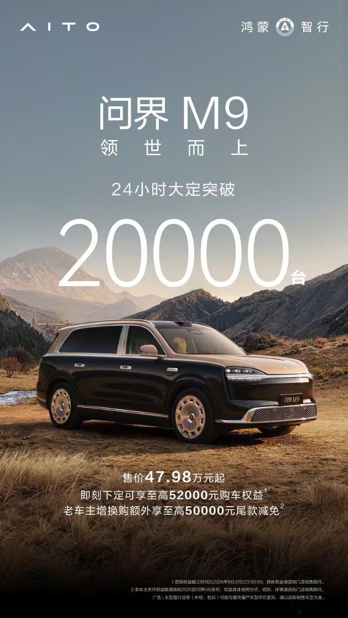 问界M9大定24销售破2万台了，此前公布的预售订单有个7万台，初步转化率28.