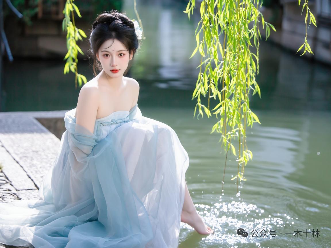 碧水映芳容，青柳拂美人。