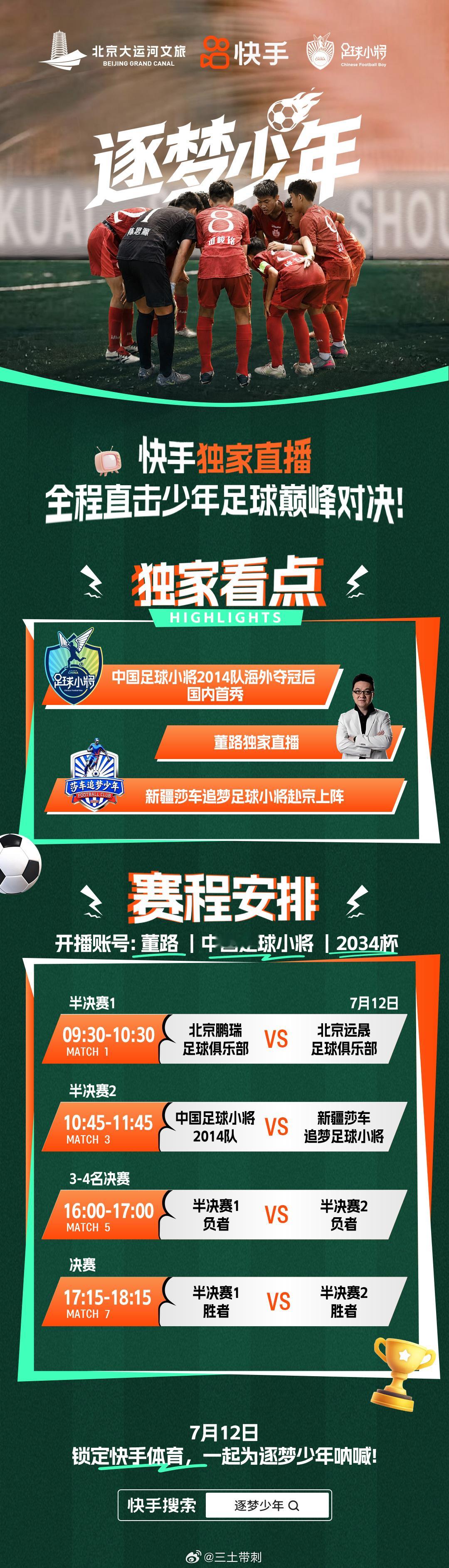 亲眼看看董路的足球小将们！7月12日，快手携手北京大运河文旅、足球小将赛事共同主