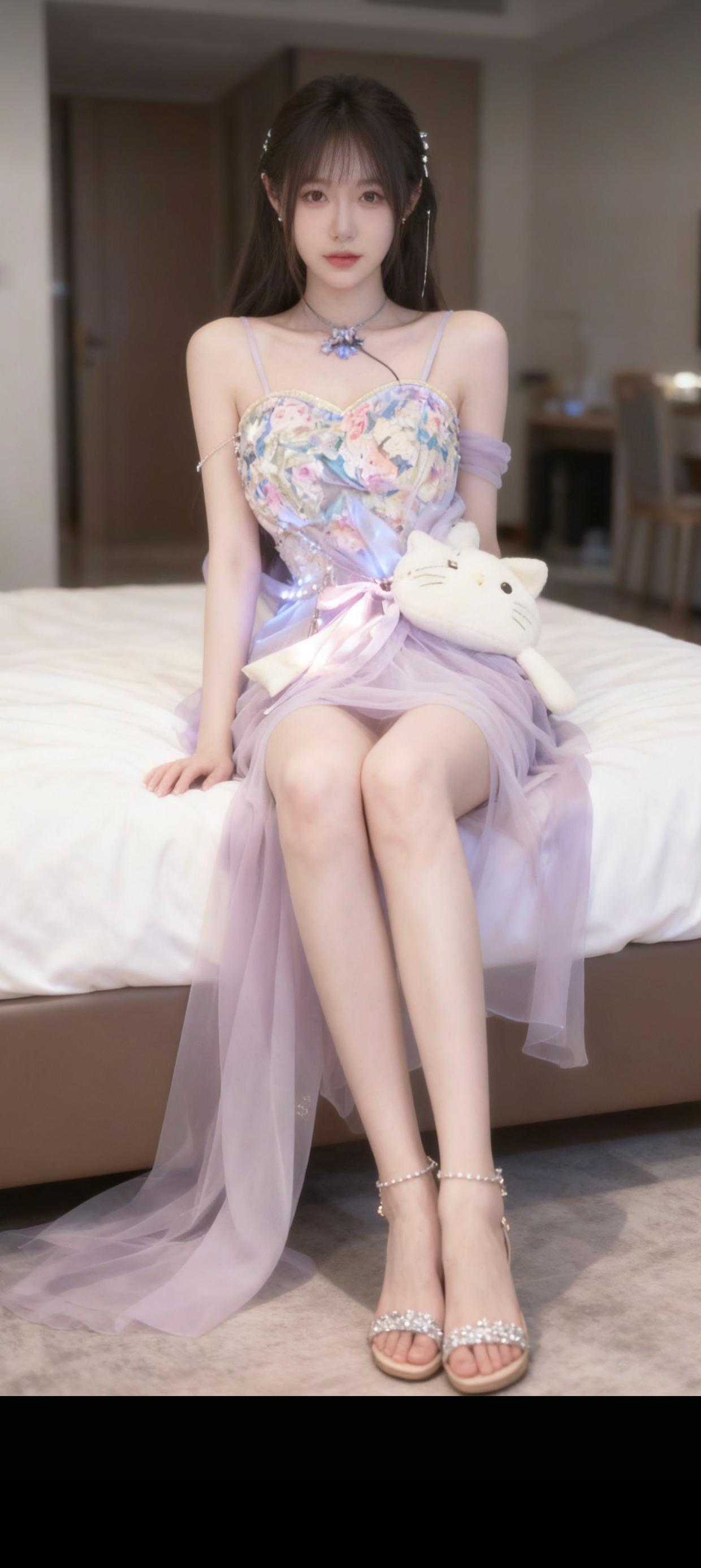 梦幻少女风，紫色裙摆飘逸，萌猫抱枕相伴，甜美可爱！💖🌸🐱