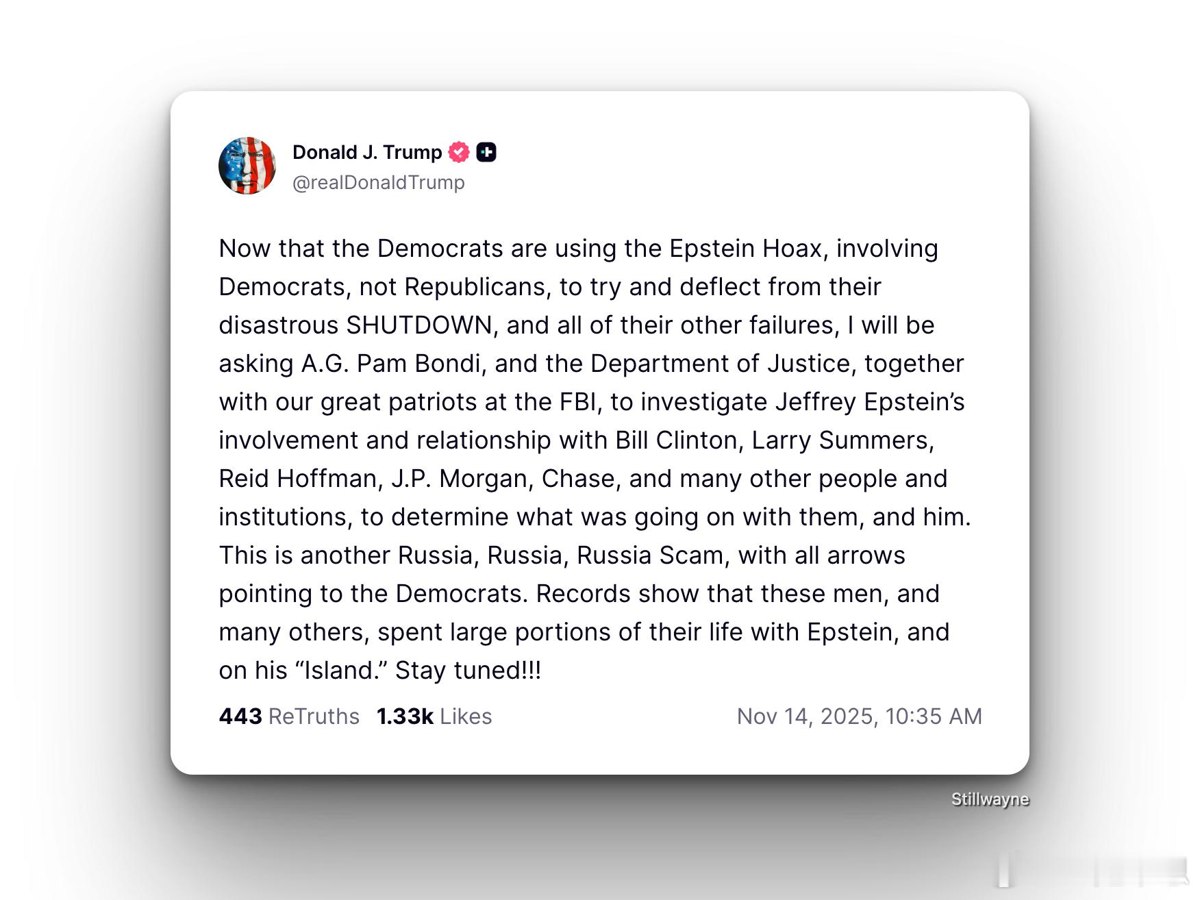 特朗普将要求司法部和联邦调查局调查爱泼斯坦与克林顿等民主党人的关系。------