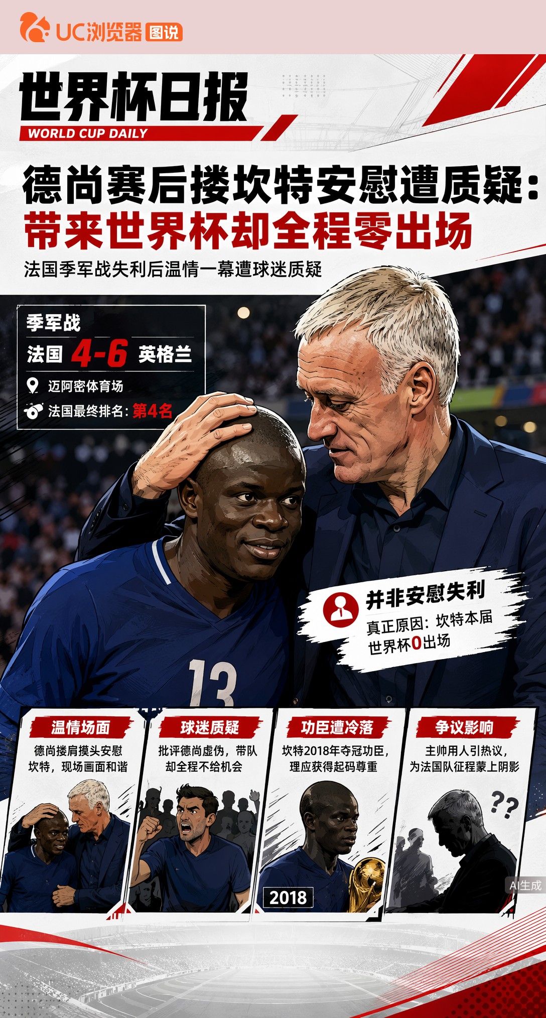 德尚赛后搂坎特安慰遭质疑：带来世界杯却全程零出场