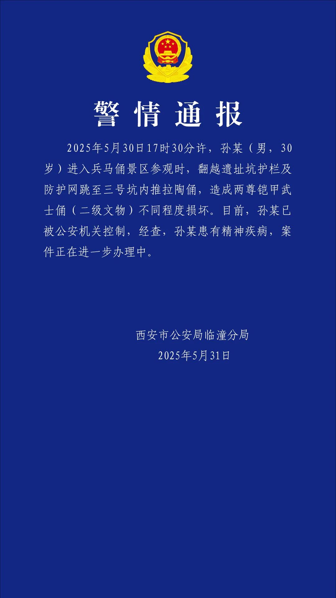 一男子参观兵马俑时跳至坑内，警方: 造成两尊铠甲武士俑损坏,