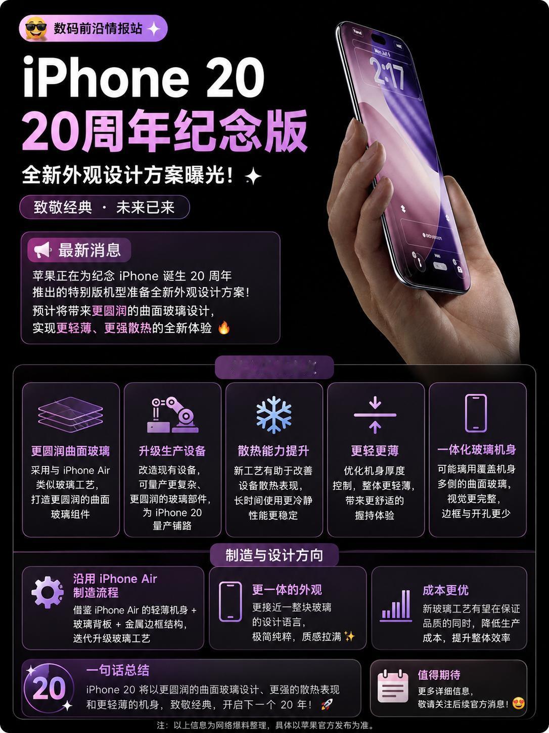 据爆料，苹果正在为20周年纪念版准备全新外观，可能会参考iPhoneAir的玻