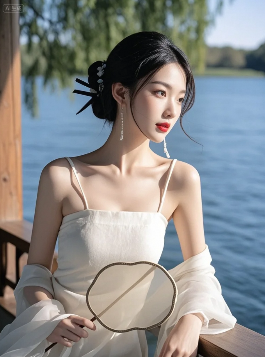 她站在湖边，像一幅会呼吸的画