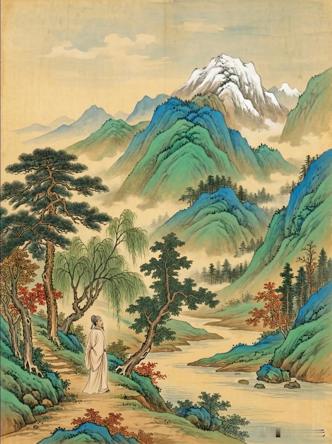 层峦染碧流云绕，高士凭风尽览天地万里清光。酌月绘国画素材分享清雅国画松风山