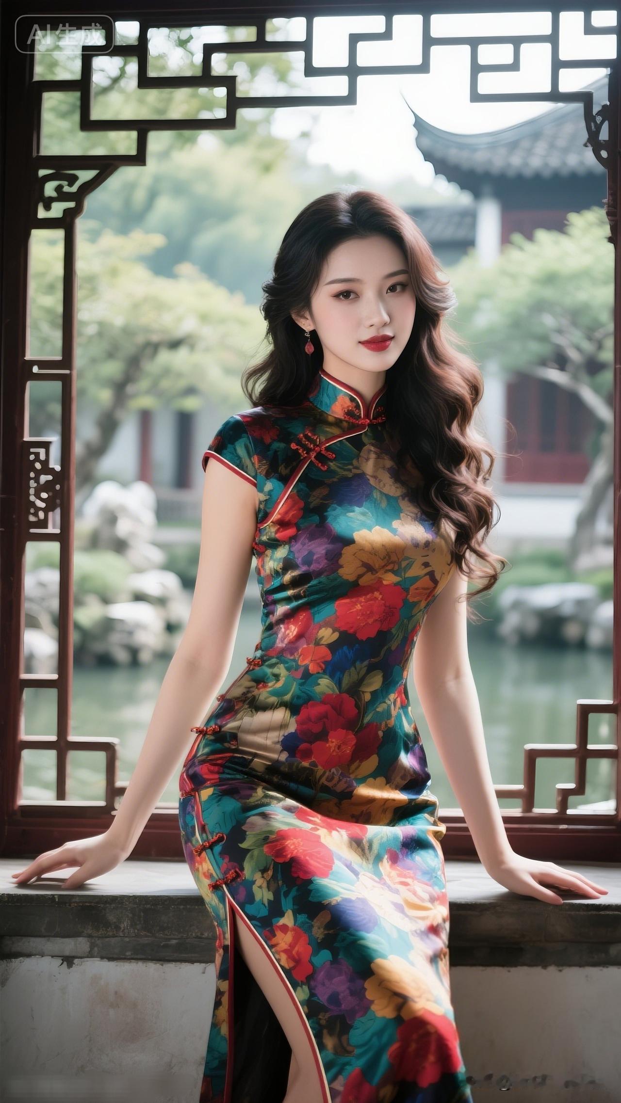 花间美人倚栏立，古韵犹存心自怡。时尚街头少女风采分享古典与现代的完美融合，旗袍