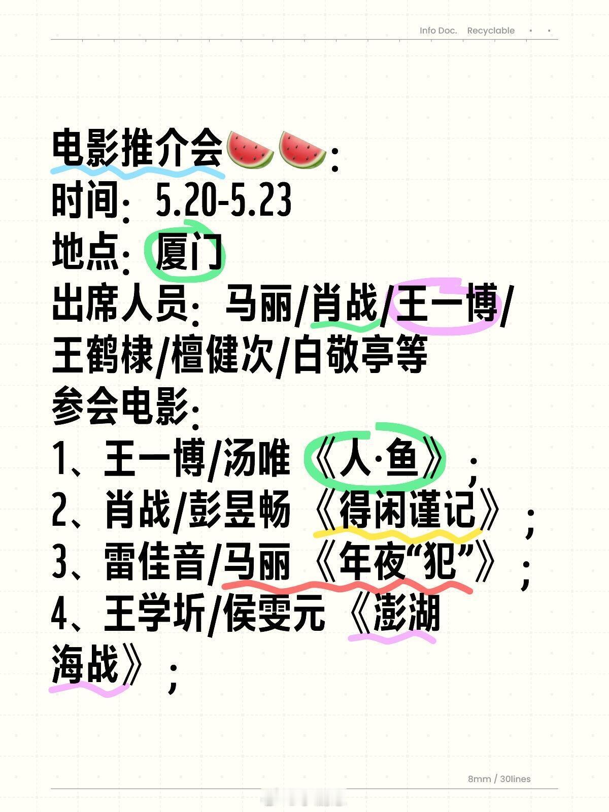 电影推介会🍉🍉：时间：5.20-5.23地点：厦门出席人员：马丽/肖战/王一