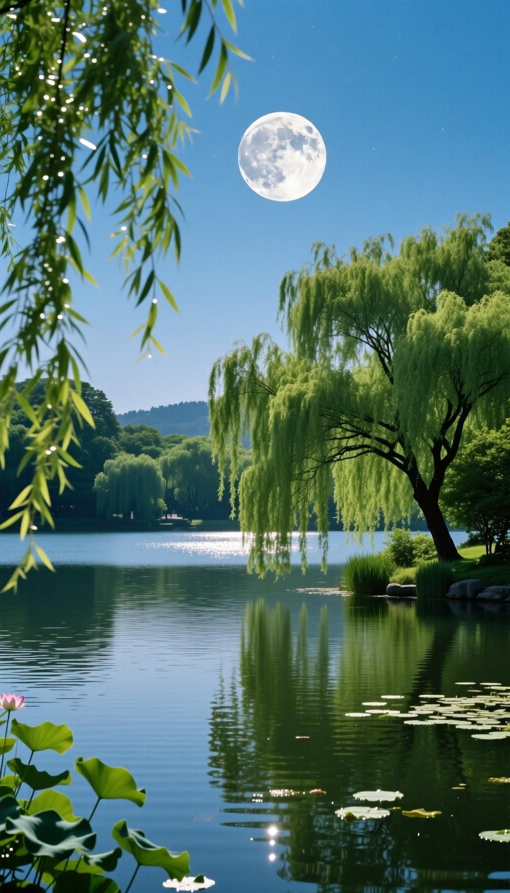 下联:月映湖心柳色新云动山头竹影轻花开春暖蝶飞舞流水潺潺石上声星耀夜空