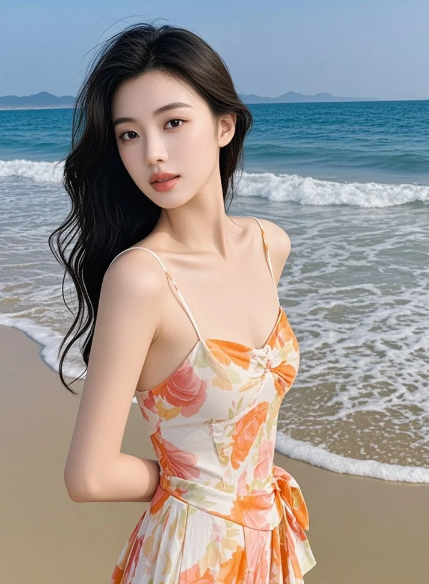 海边优雅知性美女，在海边尽显独特魅力
