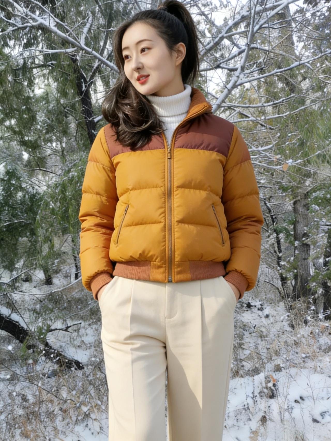 雪压松枝玉屑飘，短绒黄袄衬纤腰。棕红拼色凝秋意，素白铺林雪满条。鬓发轻沾琼蕊