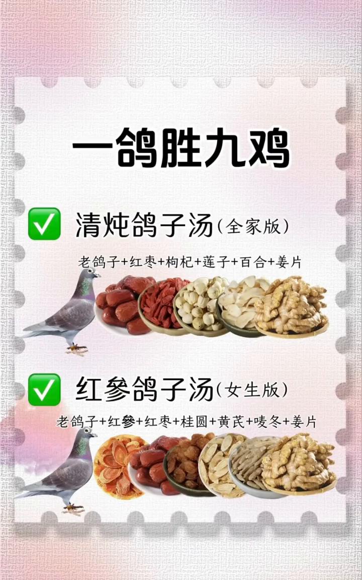一鸽胜九鸡清炖鸽子汤(全家版)。·老鸽子+红枣+枸杞+莲子+百合+姜片。·红