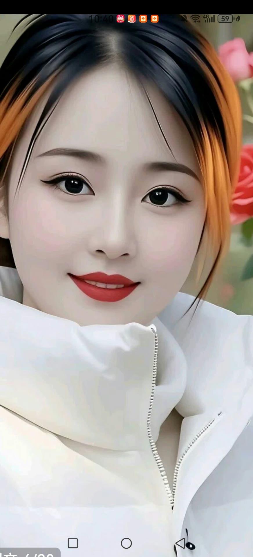 温柔甜美的微笑，白色外套与橙色发丝相映成趣，绽放如花的美丽。