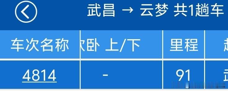 武局开行的非空绿皮4813/4814次普快，武昌站到云梦站站距91千米。按照铁路