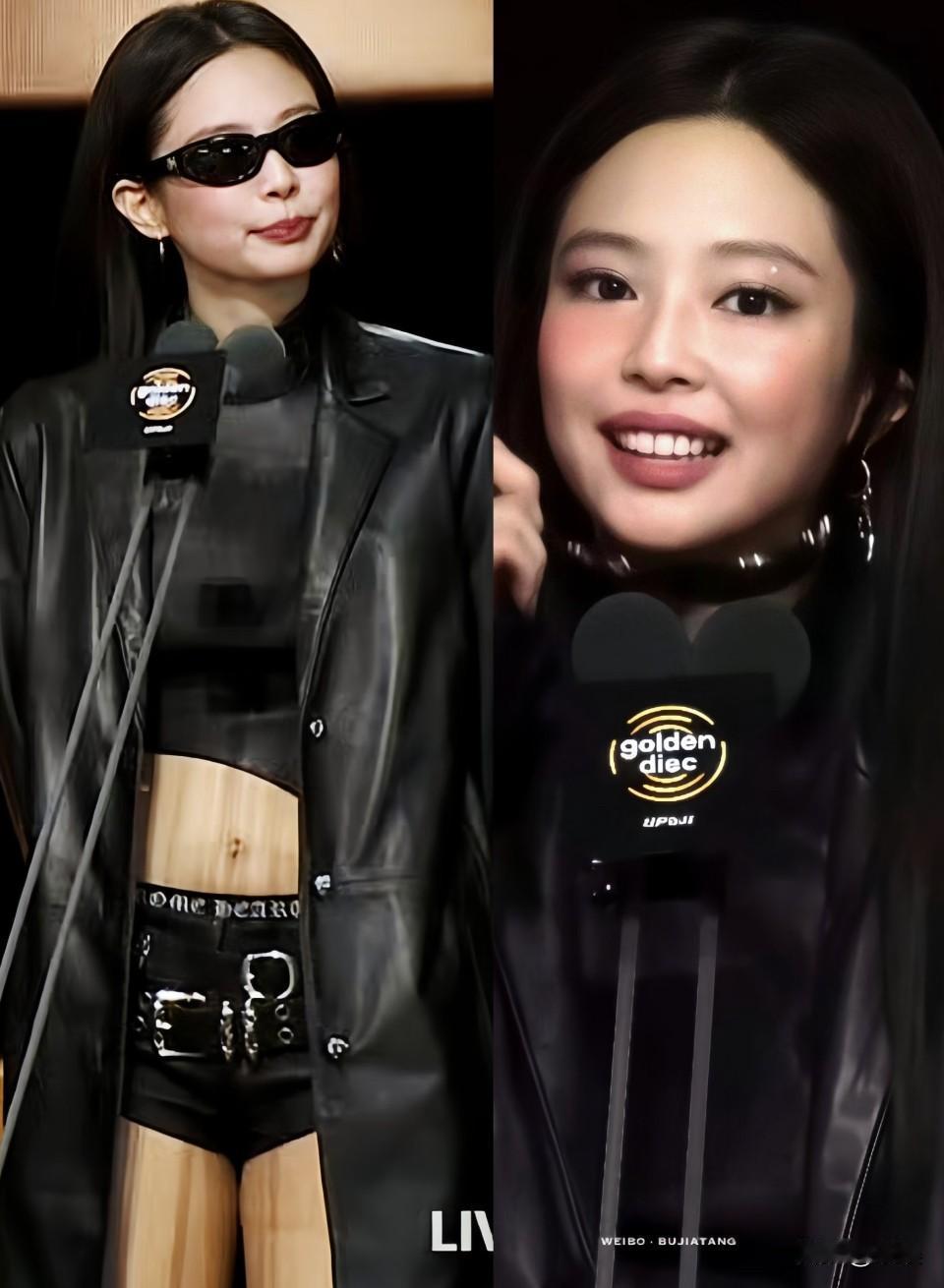 妮的这套造型太酷啦！妮是在自己的眉下痣上，贴了个钻吗？漂亮！金唱片的三个造型