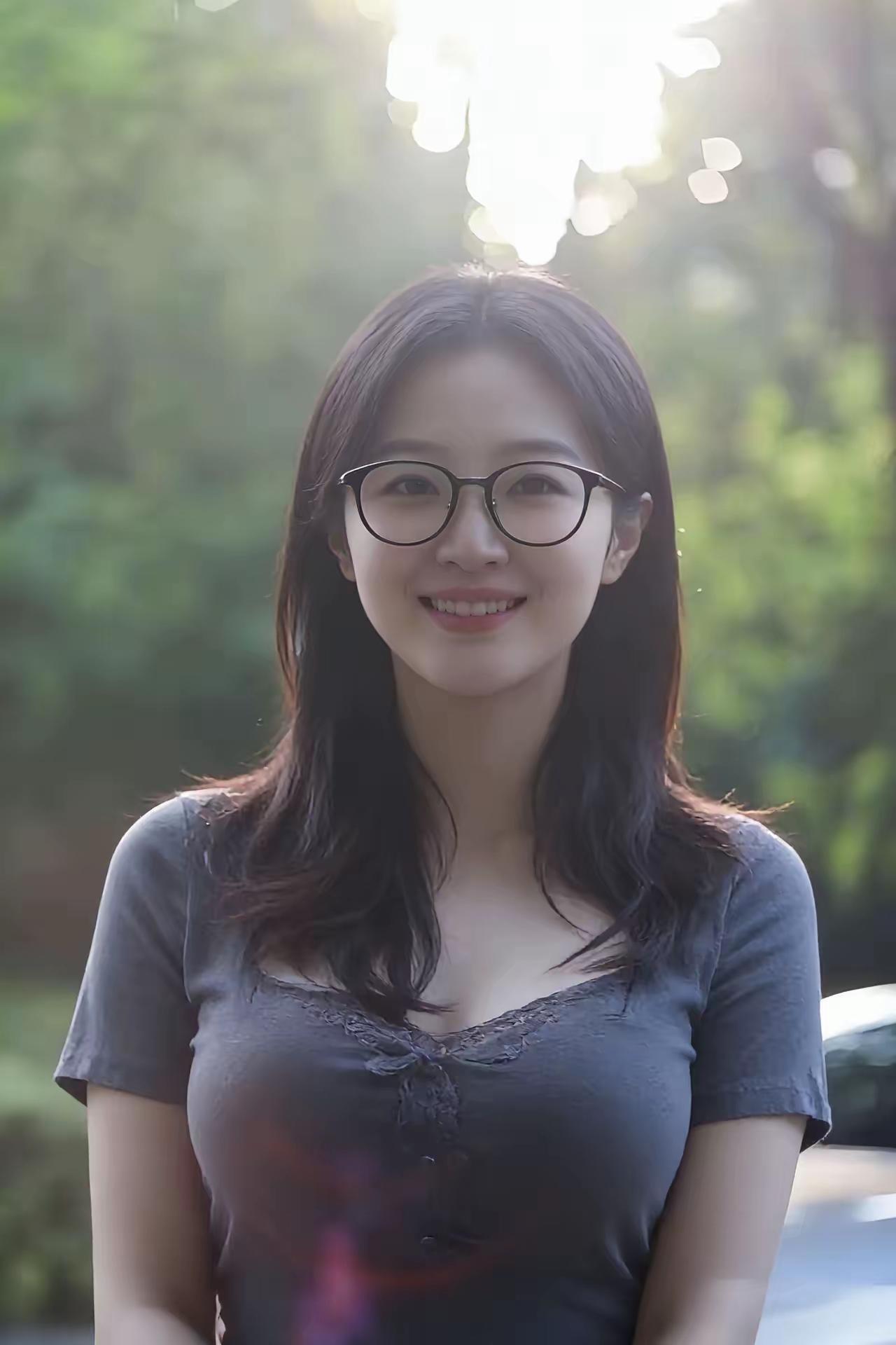 阳光穿过树叶的缝隙，在发梢跳着温柔的舞。眼镜后的眼睛弯成了月牙，嘴角扬起的