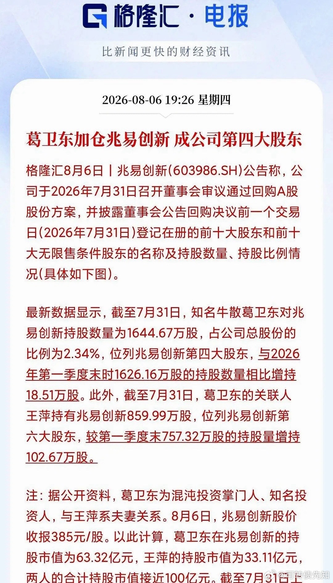 聊聊葛卫东在兆易创新上的那笔操作。股价从800多块腰斩到300多块，3300亿市
