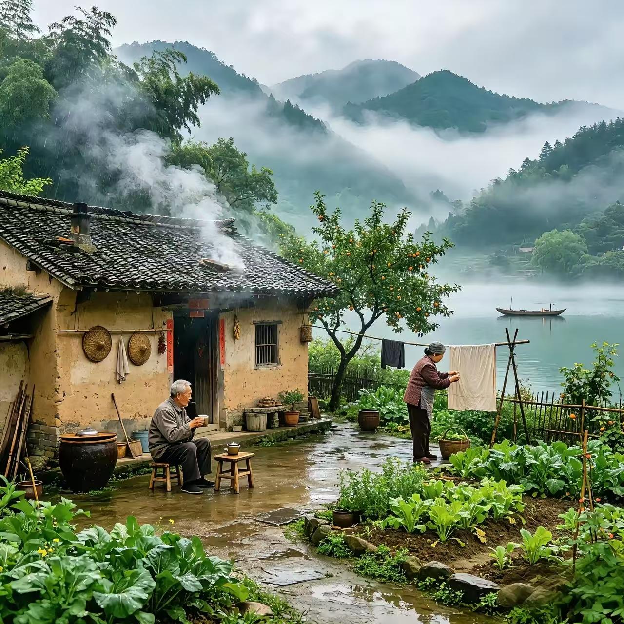 清江引·雨后江南雨歇庭阶青石润，老翁慢品茶香嫩。村妇晒罗裙，炊烟绕篱根，