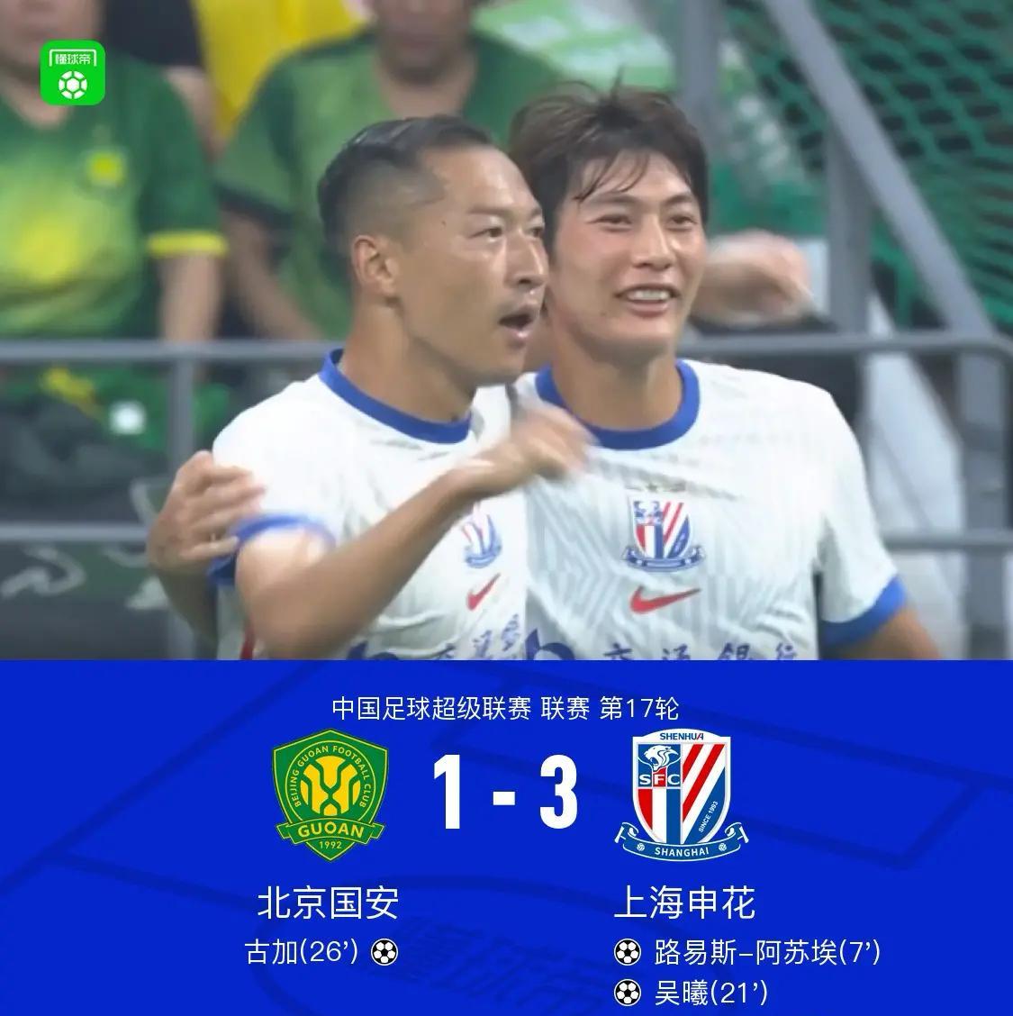 3:1，上海申花攻陷工人体育场，赢得榜首6分之战。首回合他们在主场被国安逼平，双