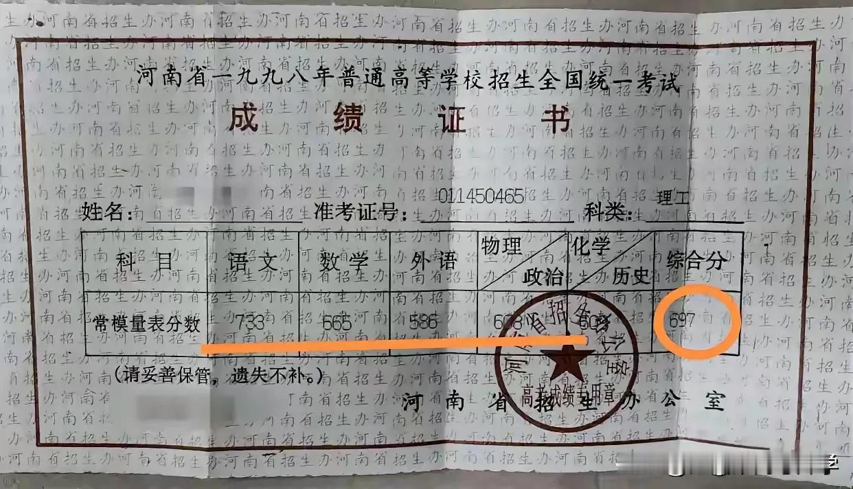 来围观27年前的高考成绩单，那个时候高考还是实行标准分，那个时候的理科只考五