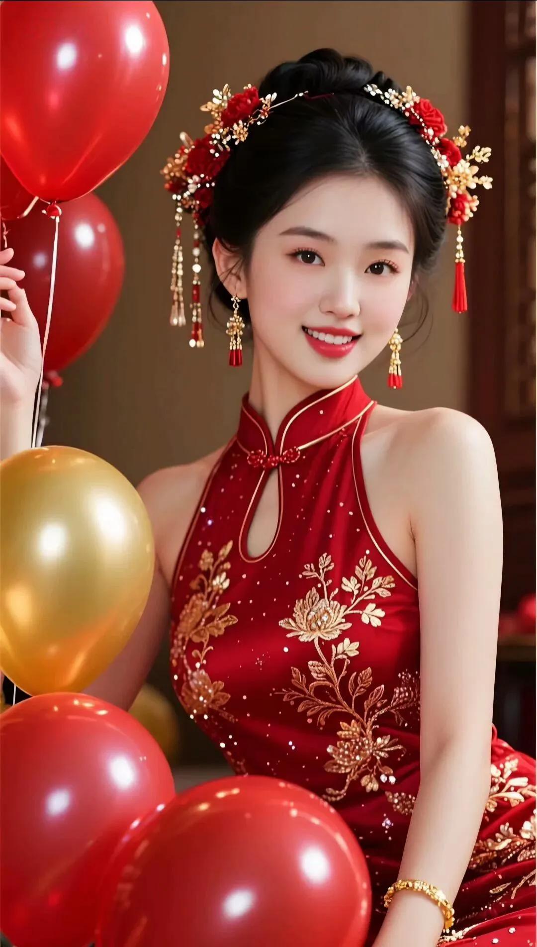 红衣佳人，花环点缀，笑靥如花，喜庆氛围