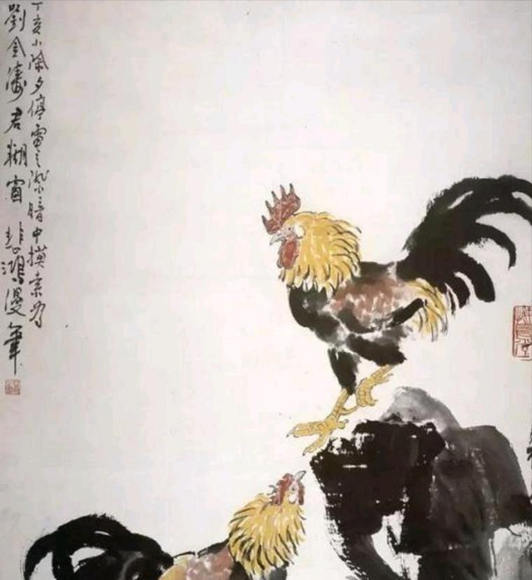 1947年除夕，徐悲鸿为挚友刘金涛作画，刚画完两只公鸡，突然停电了。一时间没办法