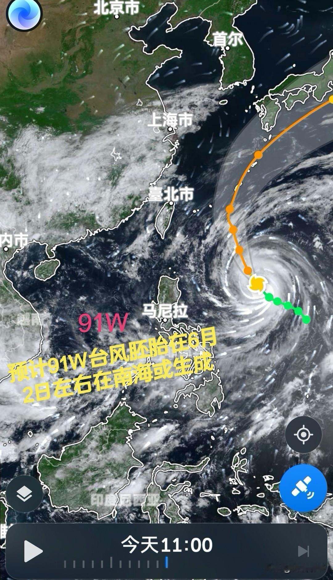 6月3日左右期间南海海域或将有一个91W台风胚胎热带扰动生成。据气象流场预测预计