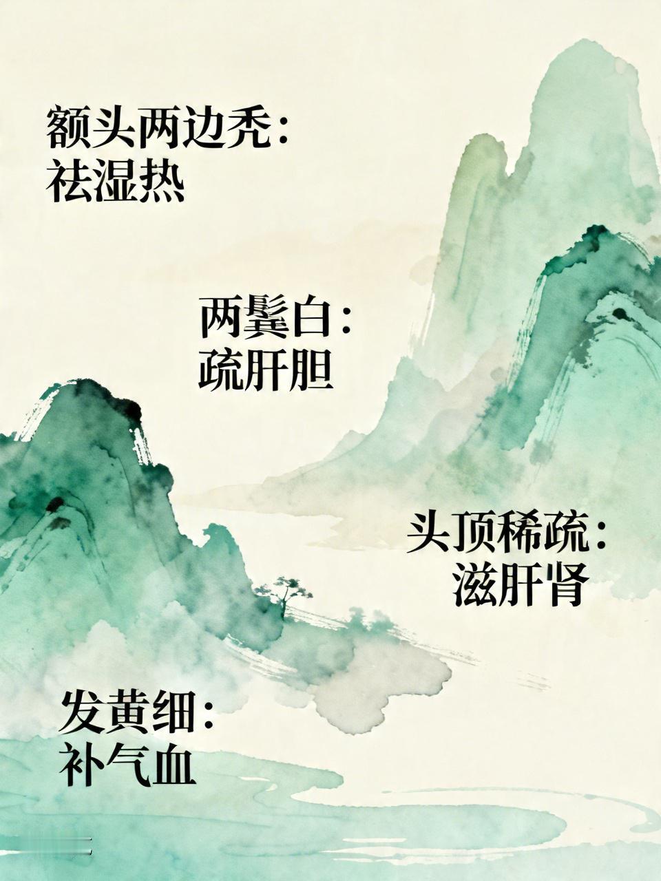 发后移要祛湿热，顶稀疏要滋肝肾，两鬓白要疏肝胆，发黄细要补气血，4种头发问题，一