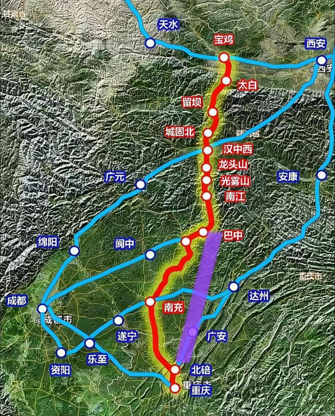 重庆到宝鸡的高铁路线建议经广安到巴中这条路线！因为这条路线距离短而且沿线人口密度