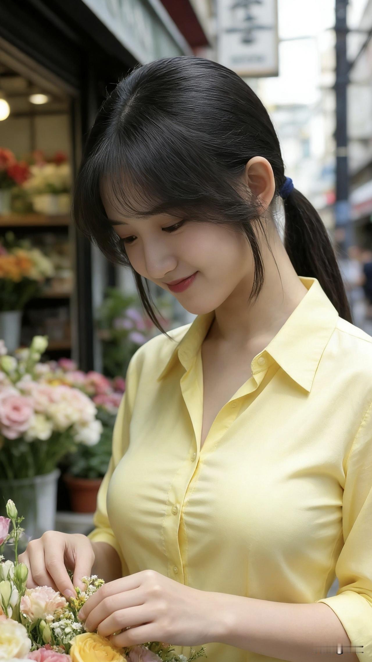 明黄的衬衫裹着街角的暖光，她指尖轻触花茎，把浅粉的玫瑰和奶白的雏菊拢进花束里。身
