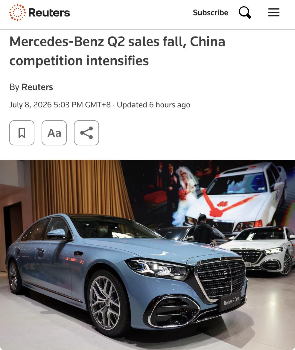 外媒：梅赛德斯-奔驰第二季度核心汽车业务销量同比下滑8%至41.78万辆，主要受
