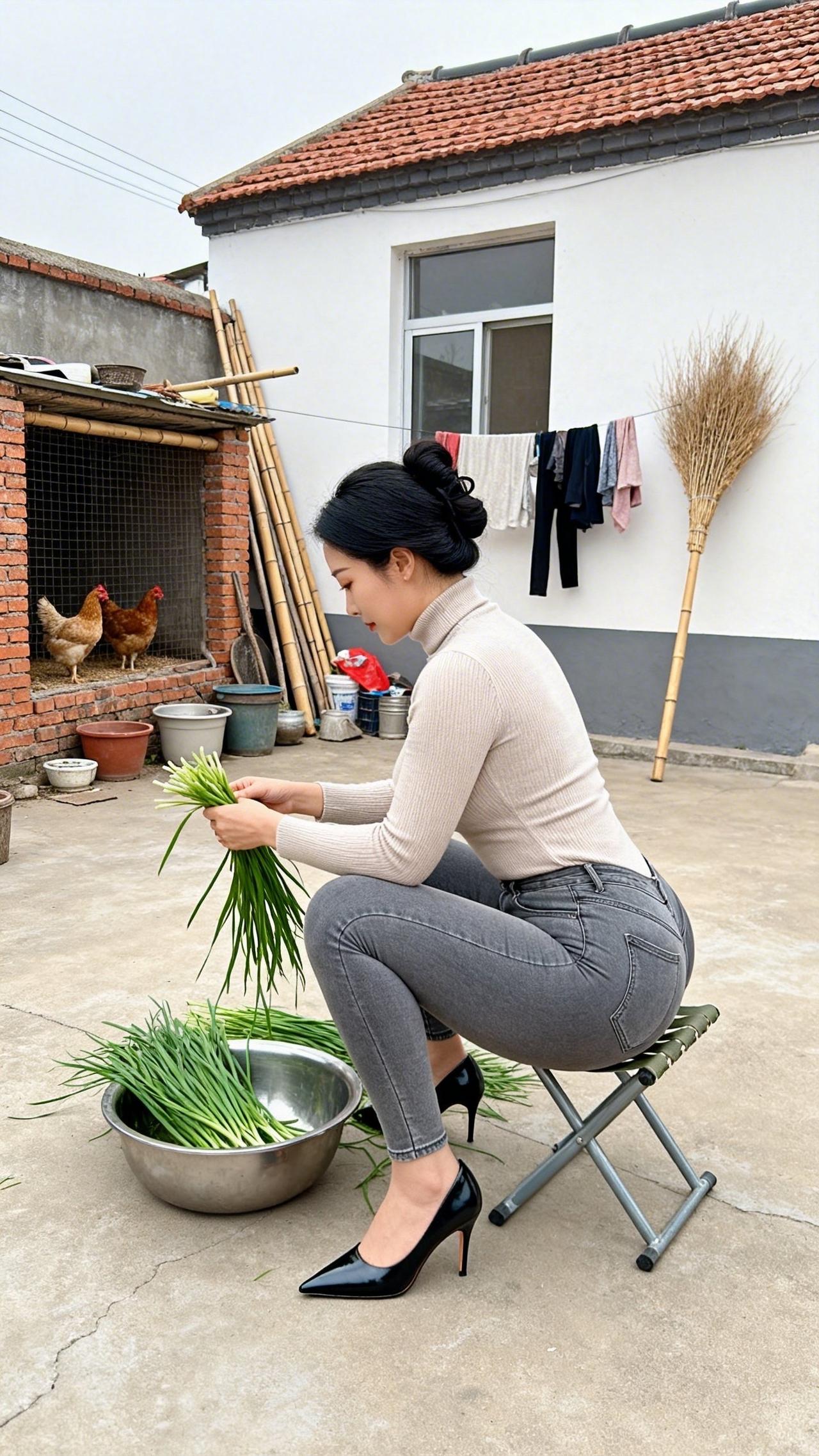 院坝的风裹着烟火气漫过，指尖轻理鲜翠的青韭，把日常的温柔揉进每一片叶瓣里。檐下鸡