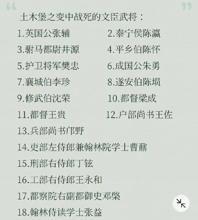 土木堡之变中战死的文臣武将。