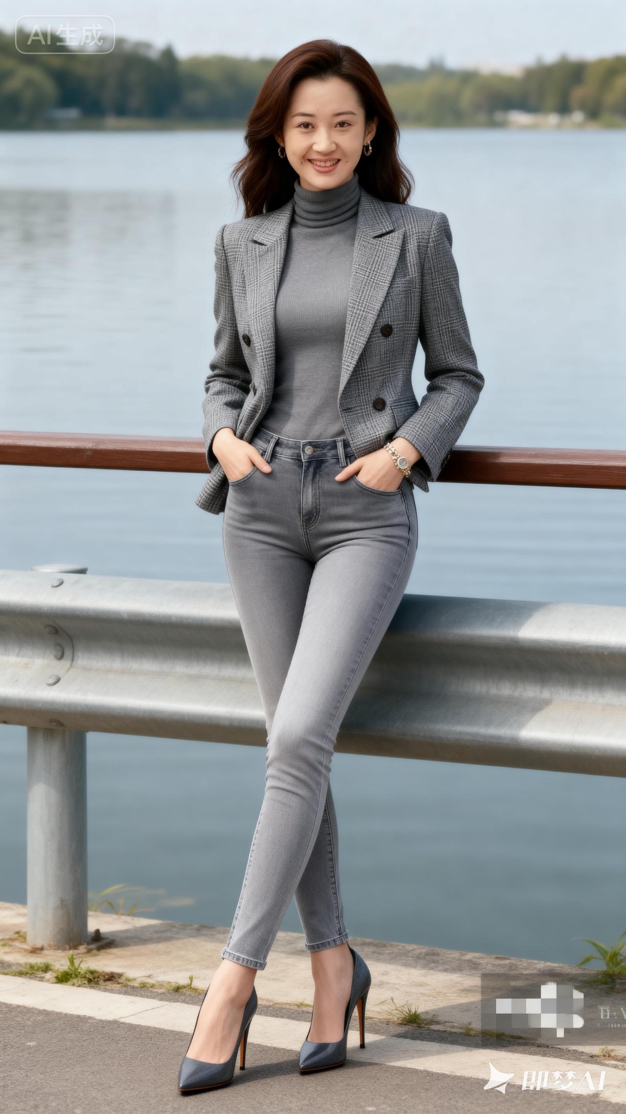 优雅职场风，灰色西装套装搭配高跟鞋，自信满满！
