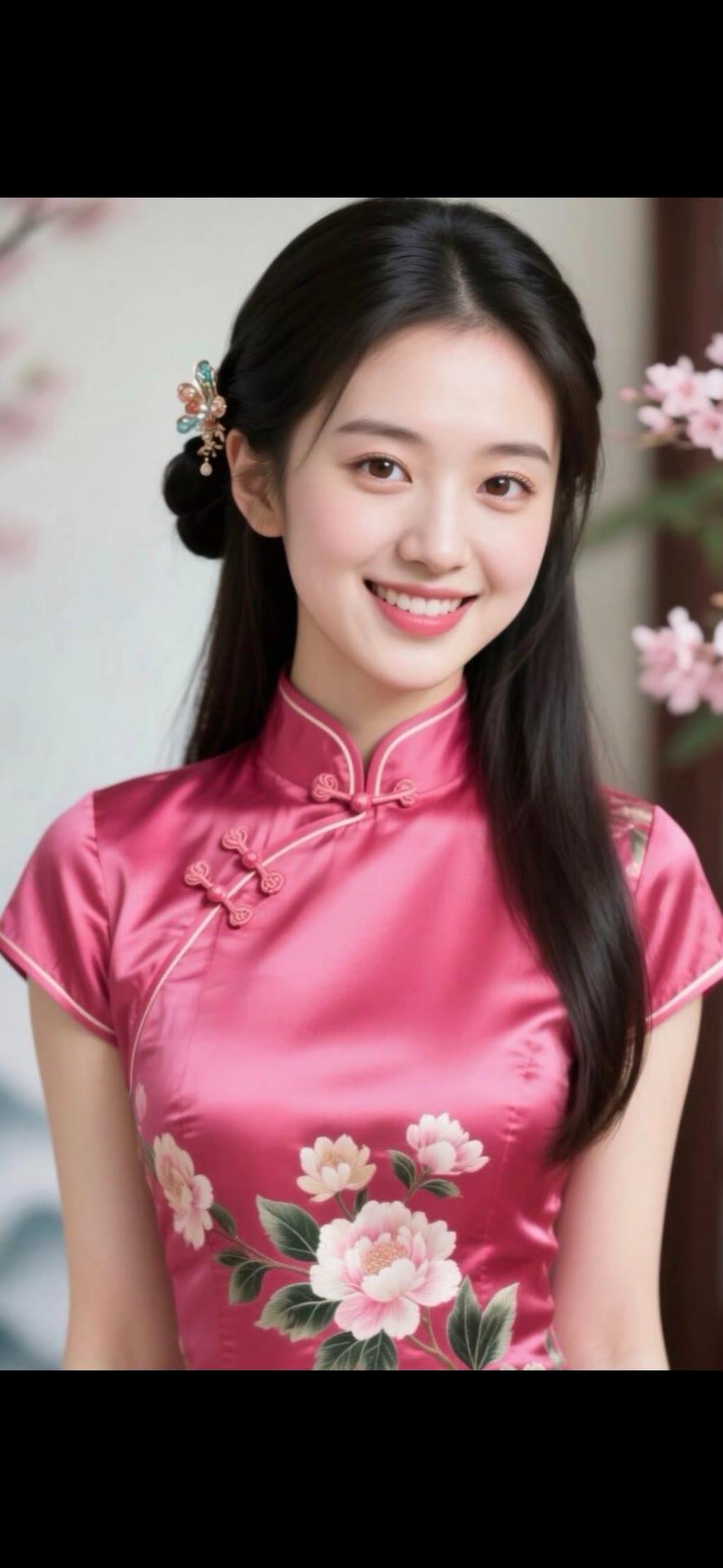 温柔甜美的粉色旗袍，绽放如花的微笑